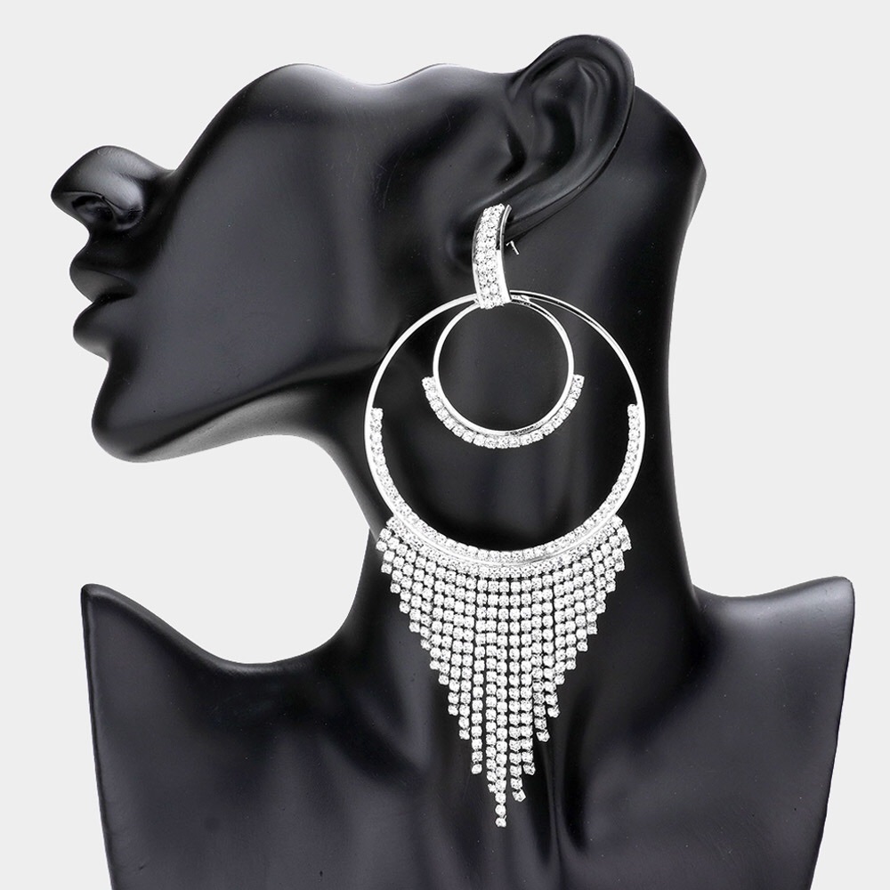 Silver Open Rhinestone Fringe Statement Earrings